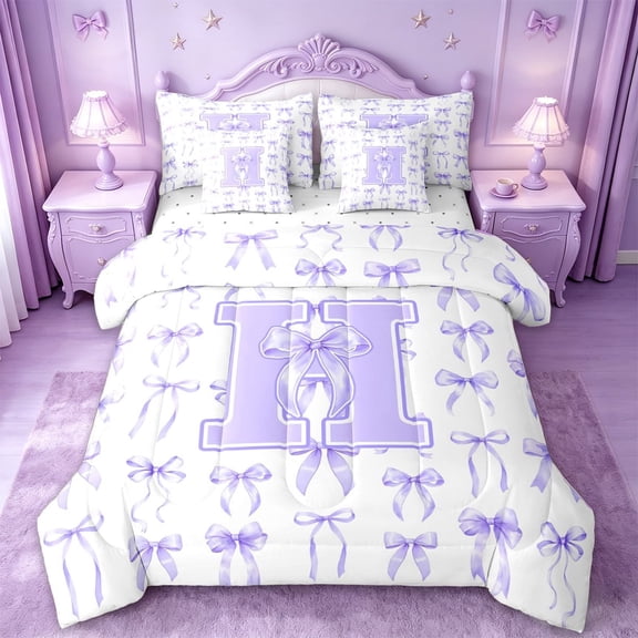 Manfei Aesthetic Ribbon Bow 7 Pieces Bedding Comforter Set For Kids,Letter H Monogram Letter Full Bedding Set For Girl,Reversible