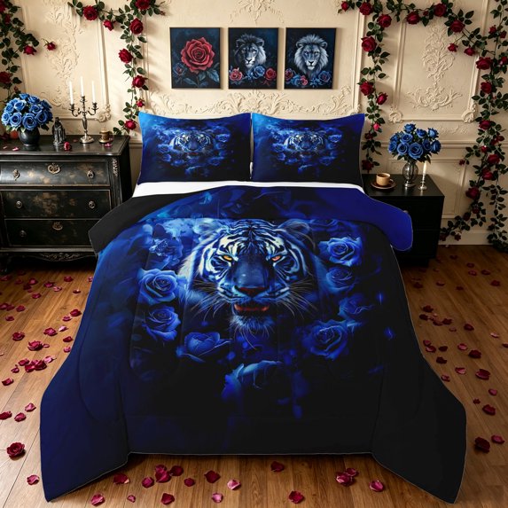 Manfei Aesthetic Tiger Full Size Comforter Sets, Valentine's Day Rose Bedding Comforter Set, Navy, Black Reversible, 3 Pieces, 1 Comforter and 2 Pillowcases