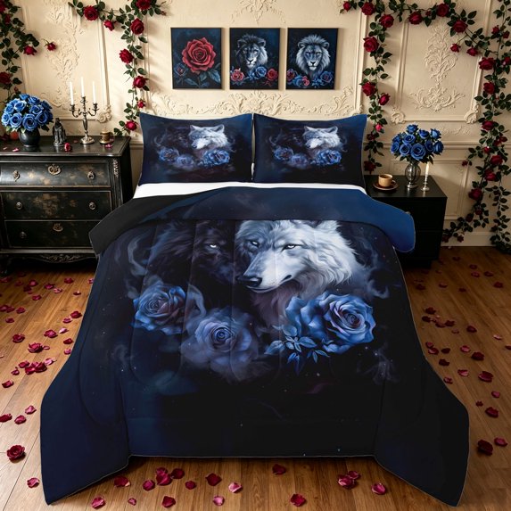 Manfei Aesthetic Wolf Full Size Comforter Sets, Romantic Valentine Rose Bedding Comforter Set, Navy, Black Reversible, 3pcs, 1 Comforter and 2 Pillowcases