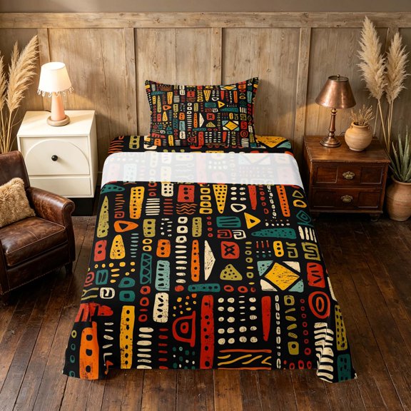 Manfei African Abstract Twin Sheets, Tribal Bedding, Red, Teal and Black, Black Reversible 3-Piece1 Flat Sheet + 1 Fitted Sheet + 1 Pillowcase