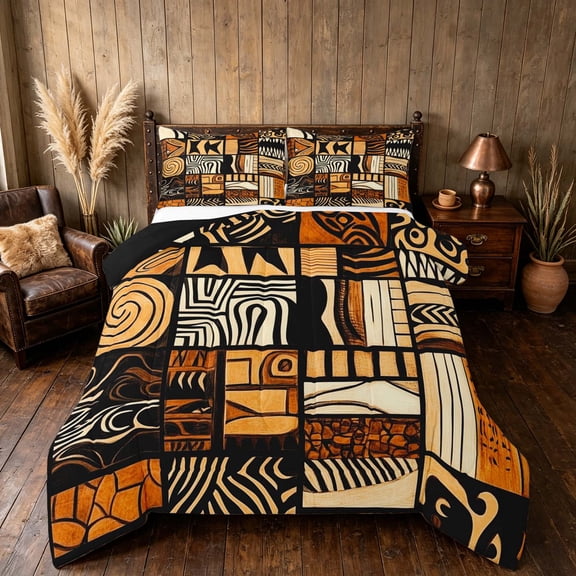 Manfei African Tribal Block Queen Comforter Set, Exotic Style Comforter Sets Queen, Multicolor, Black Reversible 3pcs, 1 Comforter and 2 Pillowcases
