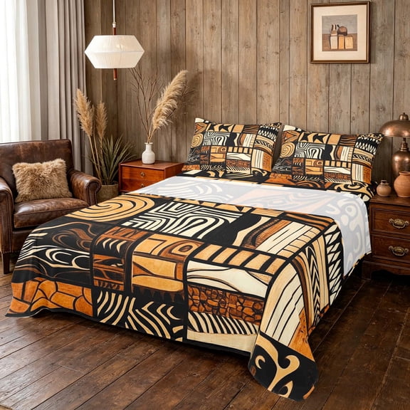 Manfei African Tribal Block Queen Sheets, Exotic Style Queen Sheet Sets, Multicolor, Black Reversible 4pcs1 Flat Sheet + 1 Fitted Sheet + 2 Pillowcases