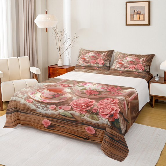 Manfei Afternoon Teatime Full Size Sheets 4-Piece for Kids Children Teens,Vintage Aesthetics Breathable Bed Sheets,Floral Rose Teacups Lightweight Sheet Sets,Rustic Cottage Bedroom Decor