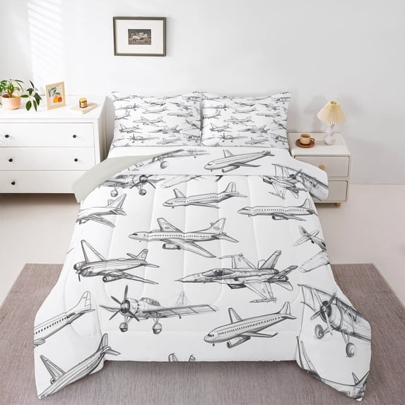 Manfei Aircraft Airplane 2pcs Bedding Comforter Set,Transportation Theme Twin Comforter Sets,Jet Bedding Set,Lightweight Cartoon Bedroom Decoration,Reversible