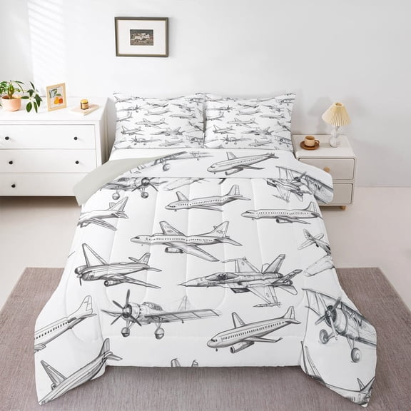 Manfei Aircraft Airplane 3 Pieces Queen Comforter Set,Transportation Theme Bedding Sets,Jet Bedding Comforter Set,Lightweight Cartoon Bedroom Decoration,Reversible