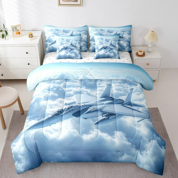 Manfei Aircraft Airplane 7-Piece Twin Bedding Sets,Bedding Comforter Set,Blue Sky Breathable Sheet Sets,Super Cozy Transportation Bedroom Decoration,Reversible