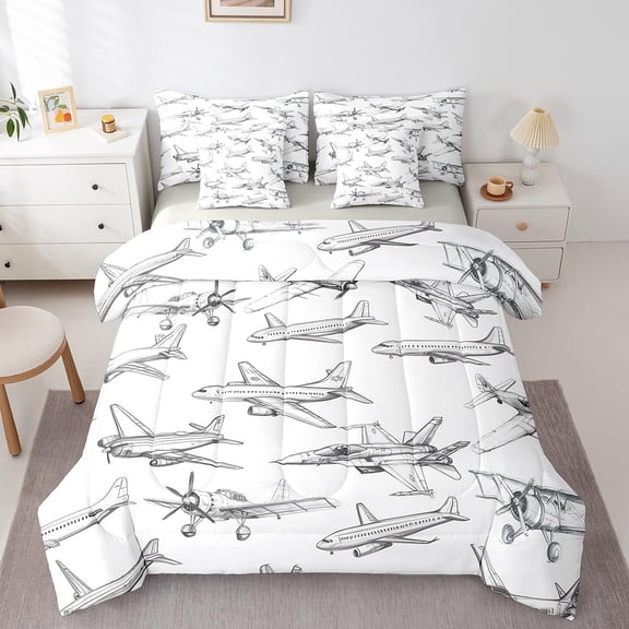 Manfei Aircraft Airplane 7-Piece Twin Bedding Sets,Transportation Theme Bedding Comforter Set,Jet Breathable Sheet Sets,Lightweight Cartoon Bedroom Decoration,Reversible