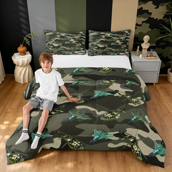 Manfei Aircraft Camo Queen Comforter Set, Contemporary Art Plane Vehicle Comforter Sets Queen, Dark Olive Green, Black Reversible, 3pcs, 1 Comforter and 2 Pillowcases