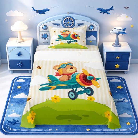 Manfei Aircraft Theme Twin Sheets,Bear Pattern Bedding,1 Flat Sheet,1 Fitted Sheet and 1 Pillowcase
