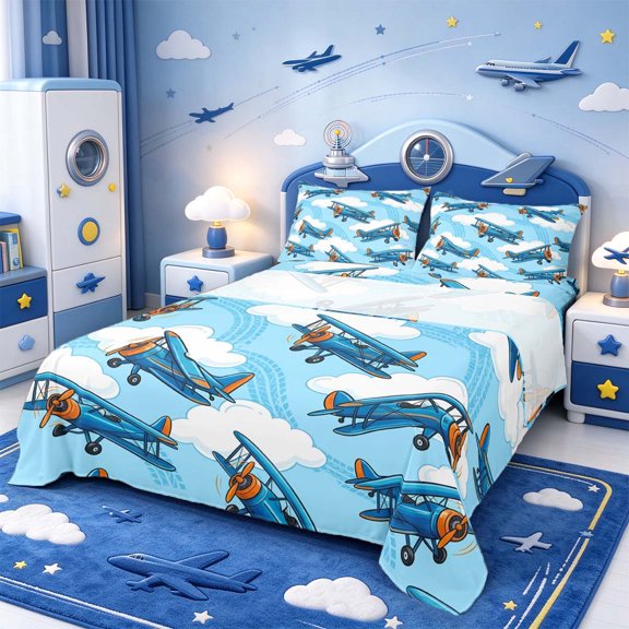 Manfei Airplane Print Bed Sheets,Artistic Cloud Full Size Sheets,1 Flat Sheet,1 Fitted Sheet and 2 Pillowcases