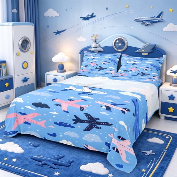 Manfei Airplane Print Bed Sheets,Pretty Cloud Full Size Sheets,1 Flat ...