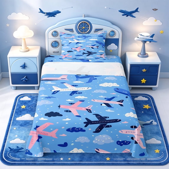Manfei Airplane Print Twin Sheets,Pretty Cloud Bedding,1 Flat Sheet,1 ...