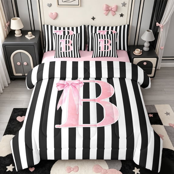 Manfei Alphabet B Design 7 Pieces Full Size Bedding Sets,Modern Geometric Stripes Full Size Bed in a Bag,Pink Reversible