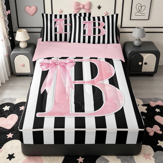 Manfei Alphabet B Design Zipper Full Size Comforter Sets with Fitted Sheet and 2 Pillowcases,Modern Geometric Stripes Zipper Bedding Set,Pink Reversible,4-Piece