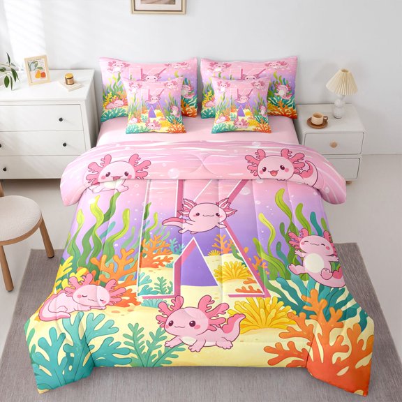 Manfei Alphabet K Art 7-Piece Twin Bedding,Kawaii Axolotl Bedding Comforter Set,Pink,Pink Reversible