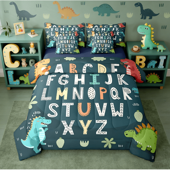 Manfei Alphabet Kids ABC Learning 7-Piece Bedding Comforter Set,Cartoon Dinosaur King Bedding Sets For Boys Girls,Jungle Dino Duvet Reversible
