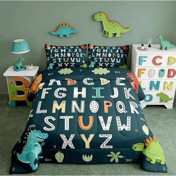 Manfei Alphabet Kids ABC Learning Twin Comforter Sets, Cartoon Dinosaur Bedding Set For Boys Girls,Jungle Dino Duvet 2 Pieces