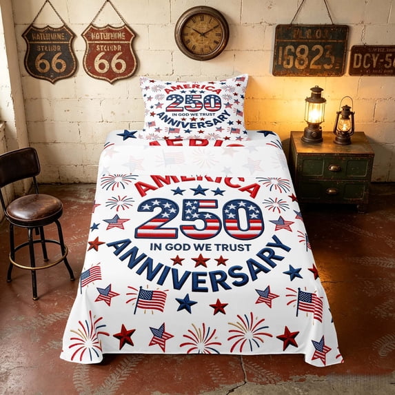 Manfei America 250 Anniversary Twin Sheets, Festival Fireworks Bedding, Red Blue White, Navy Reversible 3pcs (1 Flat Sheet, 1 Fitted Sheet and 1 Pillowcase)