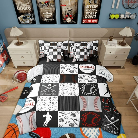 Manfei American Baseball Bedding Comforter Set 7 Pieces for Kids, Grey Buffalo Geometric Full Bedding Set, Sport Player Reversible Fitted Sheet Flat Sheet, Super Cozy Room Decor