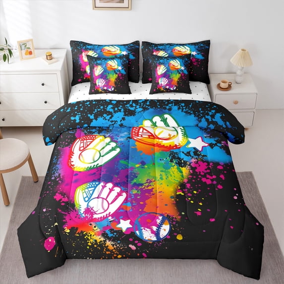 Manfei American Baseball Child Bedding Comforter Set 7 Pieces, Fuchsia Watercolor Full Bedding Set, Ball Game Player Fitted Sheet Flat Sheet, Microfiber Bedroom Decor