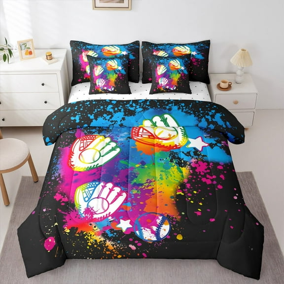 Manfei American Baseball Child Twin Bedding Sets 7-Piece, Fuchsia Watercolor Bedding Comforter Set, Ball Game Player Sheet Sets, Microfiber Bedroom Decor