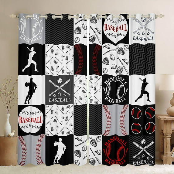 Manfei American Baseball Curtains Pack of 2 (42x84 Each) for Kids, Grey Buffalo Geometric Curtains Blackout, Sport Player Bedroom Curtains, Window Curtains Room Decor