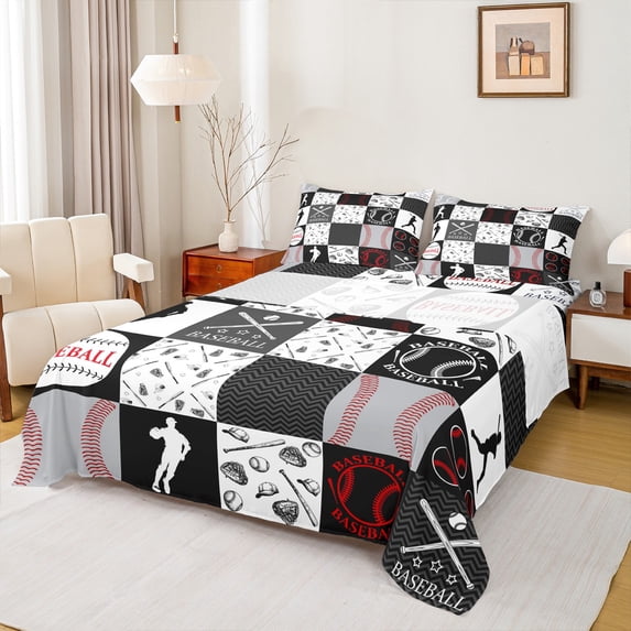 Manfei American Baseball Full Size Sheets for Kids, Grey Buffalo Geometric Bed Sheets, Sport Player Sheet Sets, Super Cozy Room Decor, 4-Piece