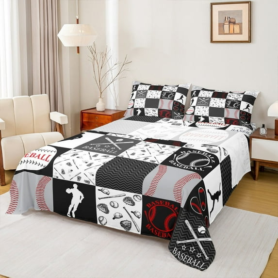Manfei American Baseball Queen Sheet Sets for Kids, Grey Buffalo Geometric Flat Sheet, Sport Player Queen Fitted Sheet, Super Cozy Room Decor, 4-Piece