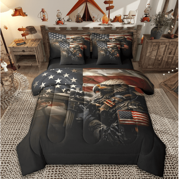 Manfei American Eagle 7 Pieces Bedding Comforter Set,American Flag Camo Full Bedding Set,Modern Military Themed Fitted Sheet Flat Sheet For Boys Teens,Luxury Bedroom Decor Reversible