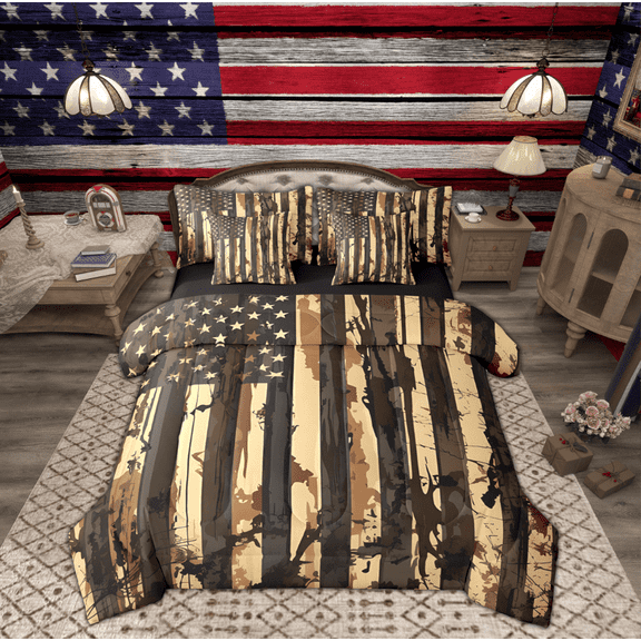Manfei American Flag Bedding Comforter Set 7 Pieces for Kids, Branches Plant Botanical Full Bedding Set, Countryside Reversible Fitted Sheet Flat Sheet, Ultra Soft Home Decor