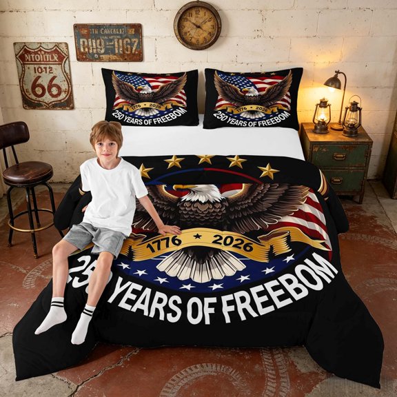 Manfei American Flag Eagle Queen Comforter Set, 250 Years of Freedom Print Comforter Sets Queen, Black, Black Reversible 3pcs, 1 Comforter and 2 Pillowcases