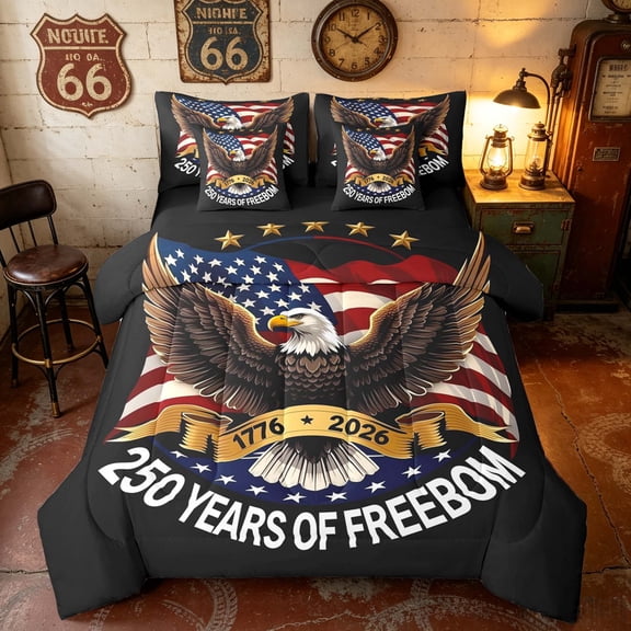 Manfei American Flag Eagle Twin Bedding, 250 Years of Freedom Print Bedding Comforter Set, Black, Black Reversible 7 Pieces
