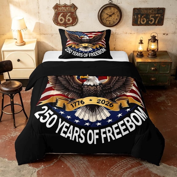 Manfei American Flag Eagle Twin Comforter Sets, 250 Years of Freedom Print Bedding Set, Black, Black Reversible 2 Pieces, 1 Comforter and 1 Pillowcase