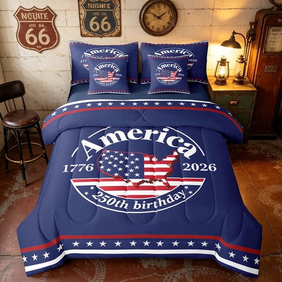 Manfei American Flag Full Size Bedding Sets, 1776-2026 250th Birthday Full Size Bed in a Bag, Navy Blue, Navy Reversible 7 Pieces