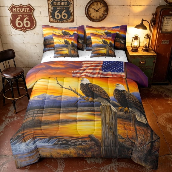 Manfei American Flag Full Size Bedding Sets, Sunset Bald Eagle Full Size Bed in a Bag, Orange Purple, Reversible 7 Pieces