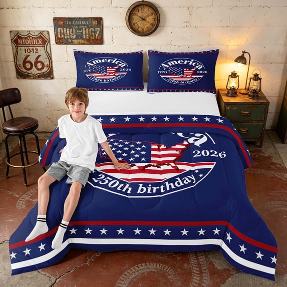 Manfei American Flag Full Size Comforter Sets, 1776-2026 250th Birthday Bedding Comforter Set, Navy Blue, Navy Reversible 3 Pieces, 1 Comforter and 2 Pillowcases