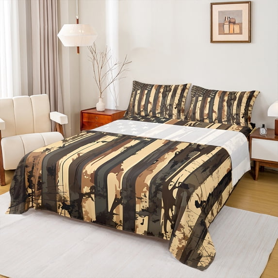 Manfei American Flag Full Size Sheets for Kids, Branches Plant Botanical Bed Sheets, Countryside Sheet Sets, Ultra Soft Home Decor, 4-Piece