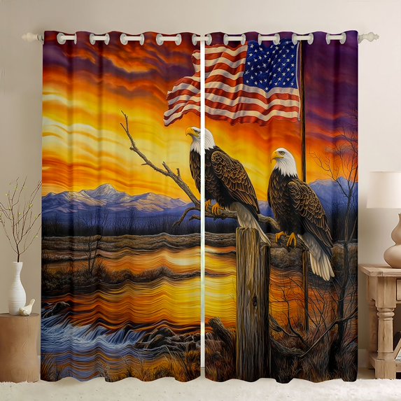Manfei American Flag Kitchen Curtains, Sunset Bald Eagle Black Out Curtains Pack of 2 (42x63 Each), Orange Purple
