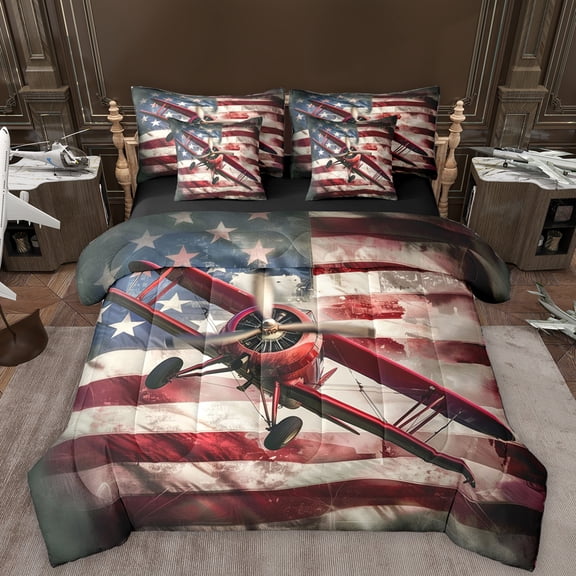 Manfei American Flag Pattern 7pcs Bedding Comforter Set,Ancient Aircraft Airplane Queen Bedding Sets,Red White Blue Queen Sheet Sets For Bots Teens,Luxury Bedroom Decor Reversible