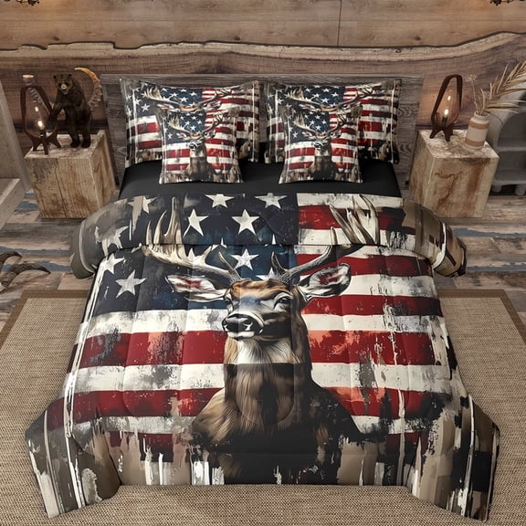 Manfei American Flag Print 7pcs Bedding Comforter Set,Jungle Wildlife Elk Queen Bedding Sets,Red Blue Brown Queen Sheet Sets For Girls Boys,Luxury Bedroom Decor Reversible