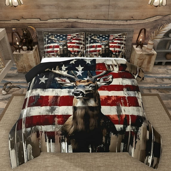 Manfei American Flag Print Queen Comforter Set,Jungle Wildlife Elk Bedding Sets,Red Blue Brown Bedding Comforter Set For Girls Boys,Luxury Bedroom Decor Reversible,3 Pieces