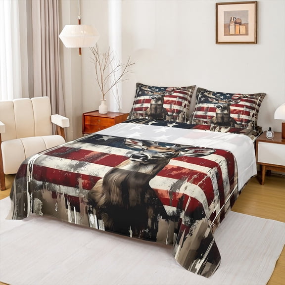Manfei American Flag Print Twin Sheet Sets,Jungle Wildlife Elk Twin Fitted Sheet,Red Blue Brown Flat Sheet For Girls Boys,Luxury Bedroom Decor,3pcs