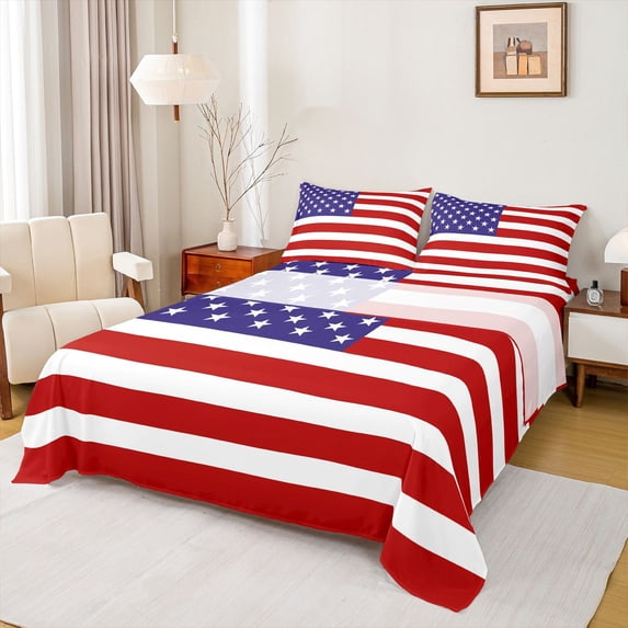 Manfei American Flag Queen Sheets,Classic National Queen Sheet Sets,Red White Blue,4pcs,1 Flat Sheet, 1 Fitted Sheet and 2 Pillowcases