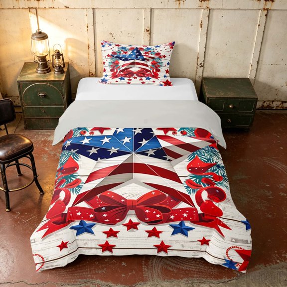 Manfei American Flag Stars Twin Duvet Cover, Farmhouse Twin Bedding, Red White Blue, Gray Reversible 2pcs, 1 Duvet Cover and 1 Pillowcase