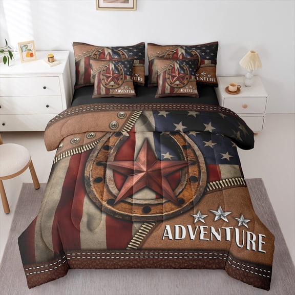 Manfei American Flags 7-Piece Bedding Comforter Set,Rustic Farmhouse Cabin King Bedding Sets,Western Texas Star Bed Sheets For Men Women,Ultra Soft Home Decor Reversible