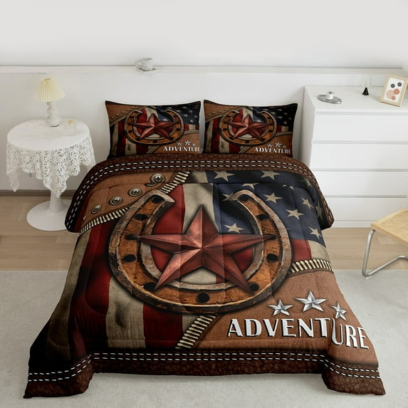Manfei American Flags Full Size Comforter Sets,Rustic Farmhouse Cabin Bedding Comforter Set,Western Texas Star Bedding Sets For Men Women,Ultra Soft Home Decor Reversible,3pcs