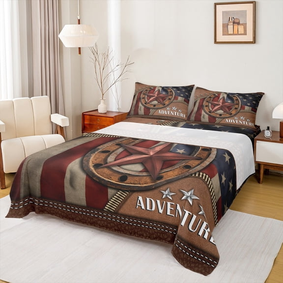 Manfei American Flags Full Size Sheets,Rustic Farmhouse Cabin Bed Sheets,Western Texas Star Sheet Sets For Men Women,Ultra Soft Home Decor,4pcs
