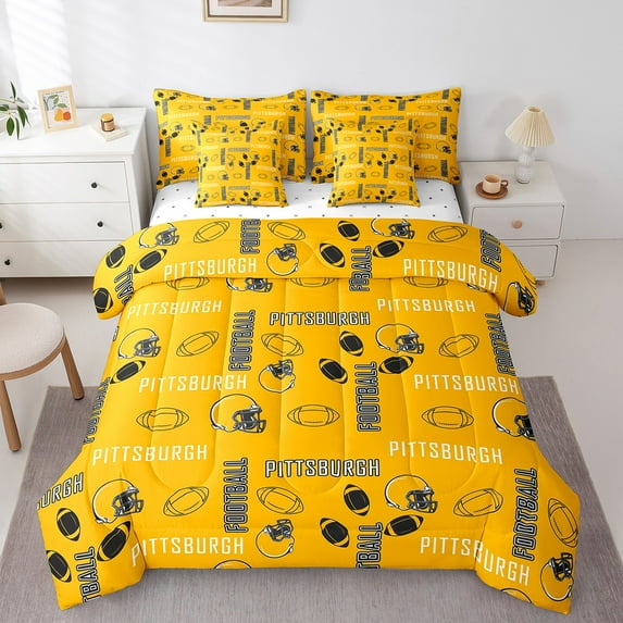 Manfei American Football 7-Piece Bedding Comforter Set,Football Print King Bedding Sets,Black Yellow Ultra Soft Bed Sheets,Lightweight Ball Gamer Room Decoration(Pittsburgh),Reversible