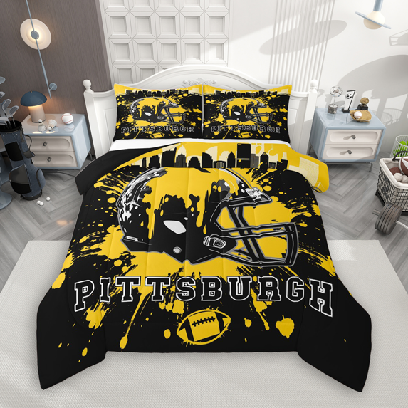 Manfei American Football Bedding Comforter Set 2pcs for Kids Teens, Rugby Helmet Twin Comforter Sets, Black Yellow Graffiti Splash Bedding Set, Microfiber Bedroom Decor
