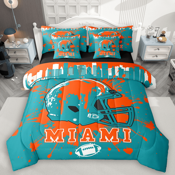 Manfei American Football Bedding Comforter Set 7-Piece for Kids Teens, Rugby Helmet Full Bedding Set, Teal Orange Graffiti Splash Fitted Sheet Flat Sheet, Microfiber Bedroom Decor